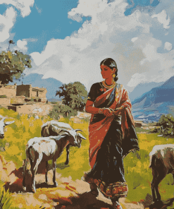 Indian Lady with Goats in Landscapes Diamond Painting