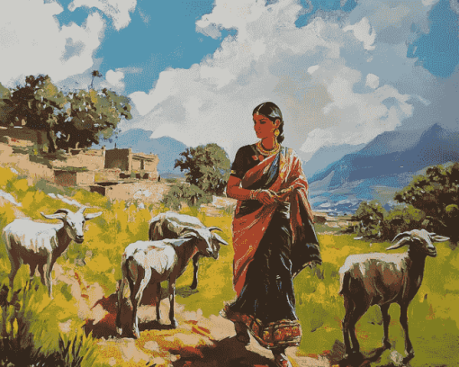 Indian Lady with Goats in Landscapes Diamond Painting