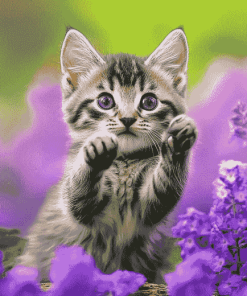 Kitten and Purple Flowers Diamond Painting