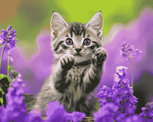 Kitten and Purple Flowers Diamond Painting