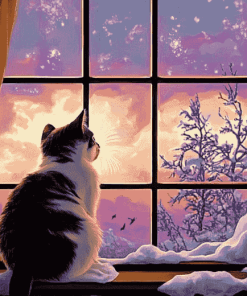 Kitty Silhouette Window View Diamond Painting