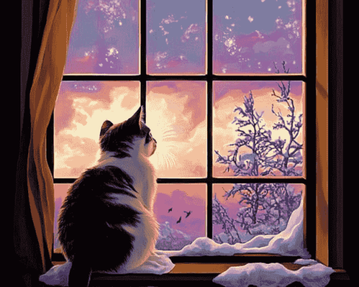 Kitty Silhouette Window View Diamond Painting