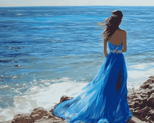 Lady in Blue Dress Seaside Diamond Painting