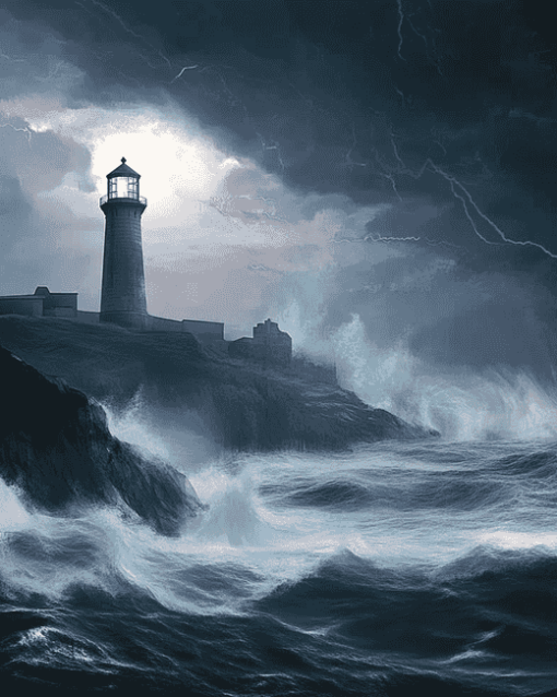 Lighthouse in Stormy Seascape Diamond Painting