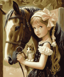 Little Girl with Pony and Cat Diamond Painting