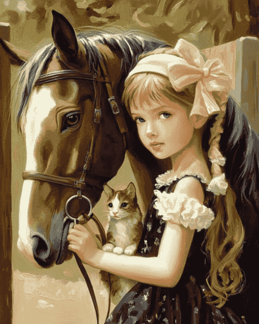 Little Girl with Pony and Cat Diamond Painting