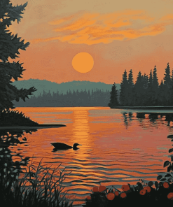 Loon Lake Sunset Scene Diamond Painting