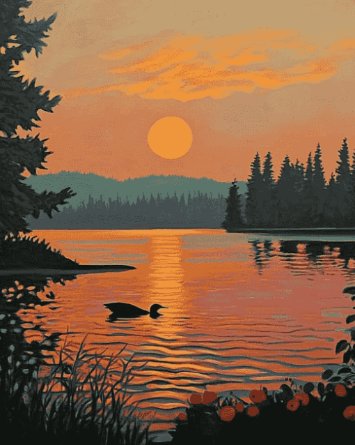 Loon Lake Sunset Scene Diamond Painting