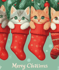 Merry Christmas Cats in Stockings Diamond Painting