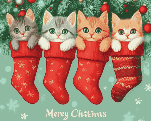 Merry Christmas Cats in Stockings Diamond Painting