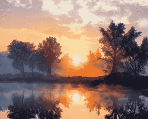 Misty River Valley Sunrise Diamond Painting