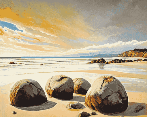 Moeraki Boulders Scenic View Diamond Painting