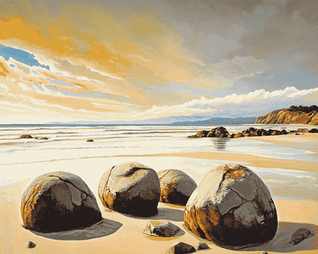 Finalizing Moeraki Boulders Scenic View painting