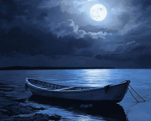 Moonlit Boat Seascape Diamond Painting