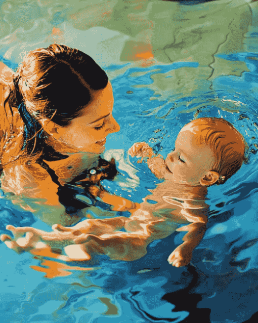 Mother Swimming with Baby Boy Diamond Painting