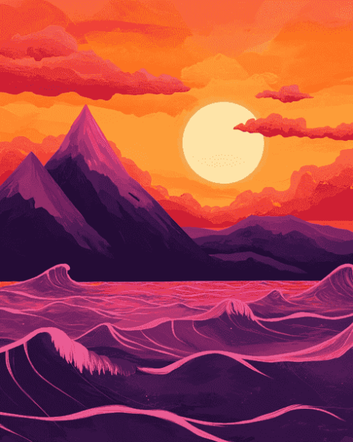 Mountain Waves at Pink Sunset Diamond Painting