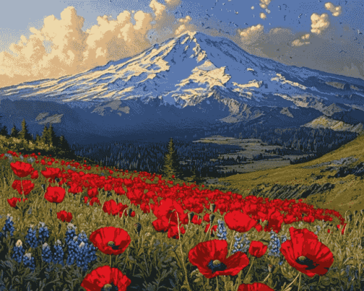 Mt St Helens Red Poppies View Diamond Painting