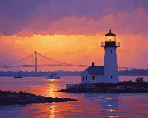 Newport Harbor Sunset Lighthouse Diamond Painting