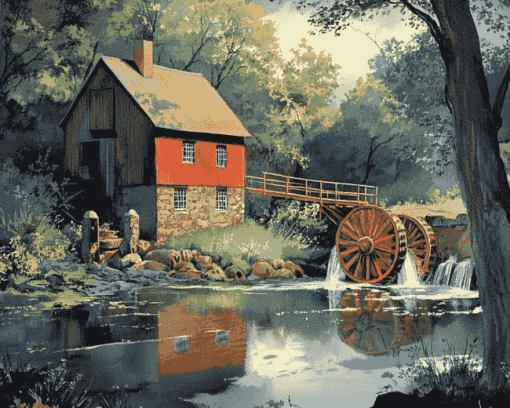 Old Mill Cottage Scene Diamond Painting