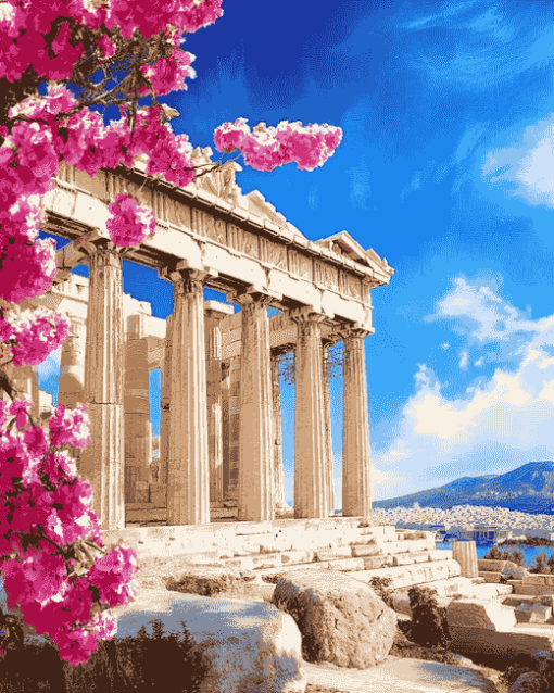 Parthenon Greece Flowers Diamond Painting