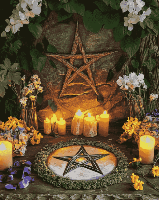 Pentacle with Flowers on Wiccan Altar Diamond Painting