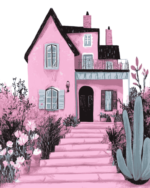 Pink Animated House Diamond Painting