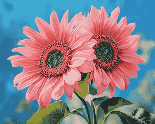 Pink Sunflowers and Blossoms Diamond Painting