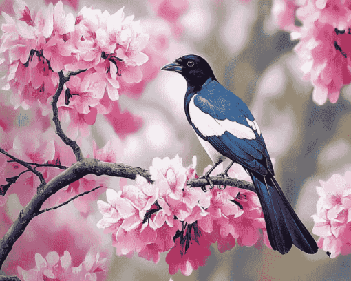 Pink Tree with Australian Magpies Diamond Painting