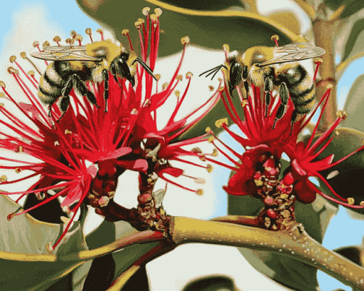 Pohutukawa Blossom with Bees Diamond Painting