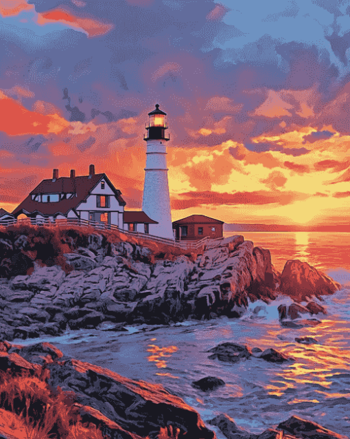 Portland Lighthouse Sunset Diamond Painting