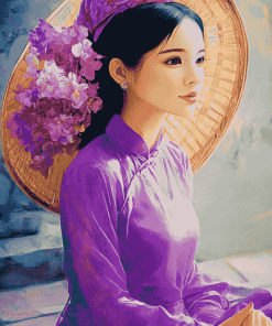 Purple Ao Dai Vietnamese Girl Diamond Painting