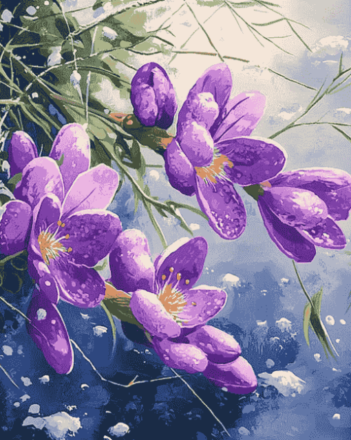 Purple Blossoms in Snow Diamond Painting