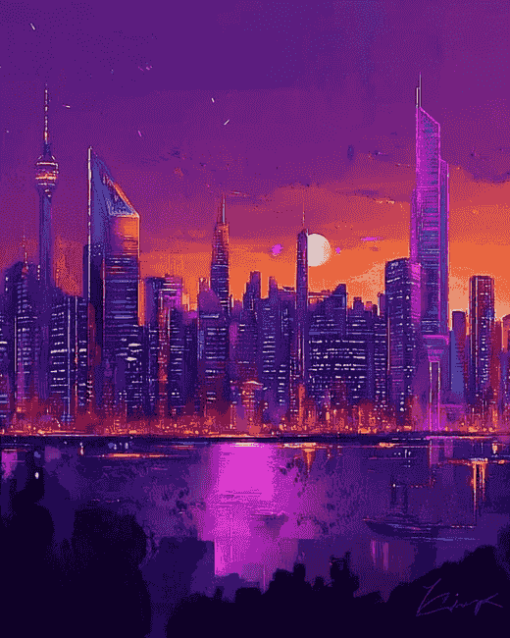 Purple City Skyline Diamond Painting