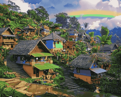 Rainbow Village Indonesia Scenic Diamond Painting