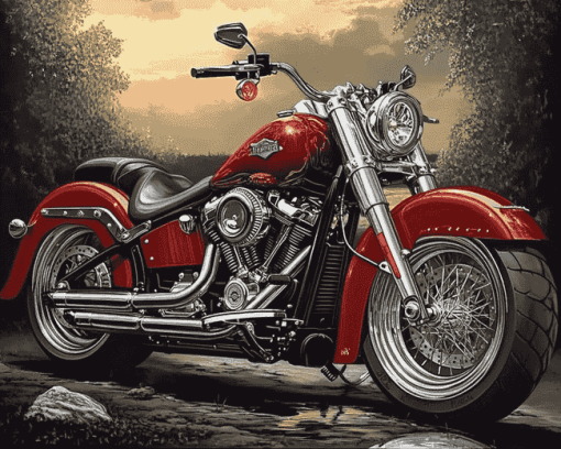 Red Harley Low Boy Motorcycles Diamond Painting