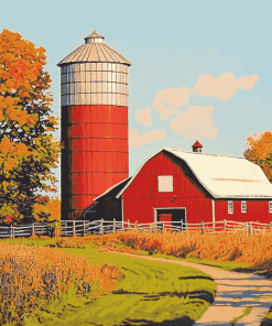 Red Rustic Barn Landscape Diamond Painting