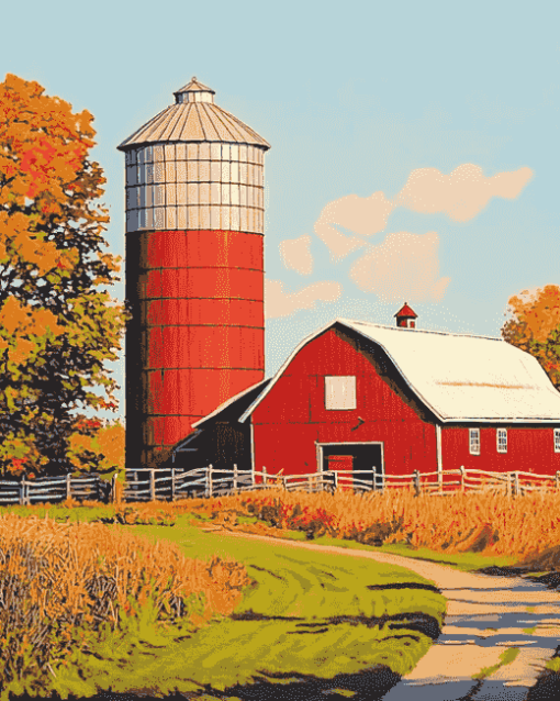 Red Rustic Barn Landscape Diamond Painting