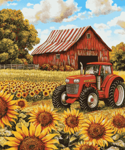 Red Tractor Sunflowers Diamond Painting