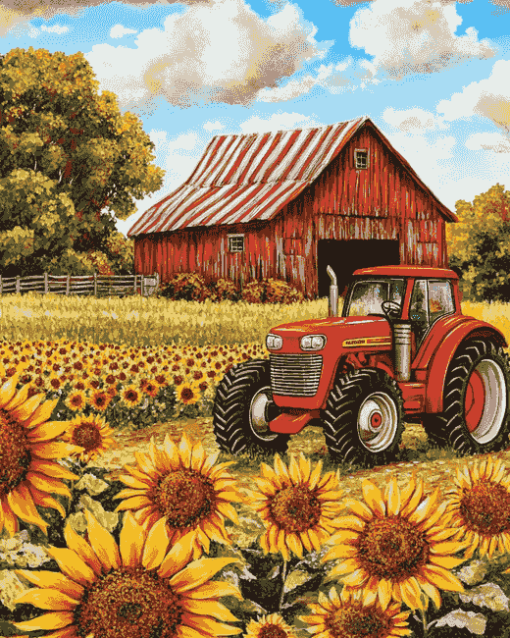 Red Tractor Sunflowers Diamond Painting