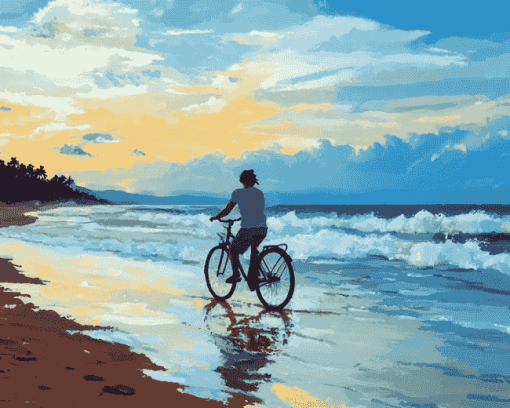 Riding a Bicycle by the Seaside Diamond Painting