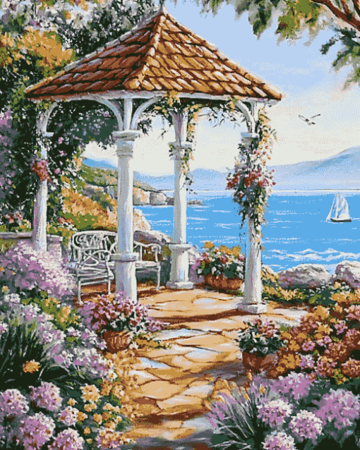 Seaside Gazebo and Blooming Flowers Diamond Painting