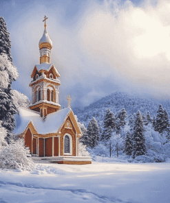 Snowy Church Landscape Diamond Painting