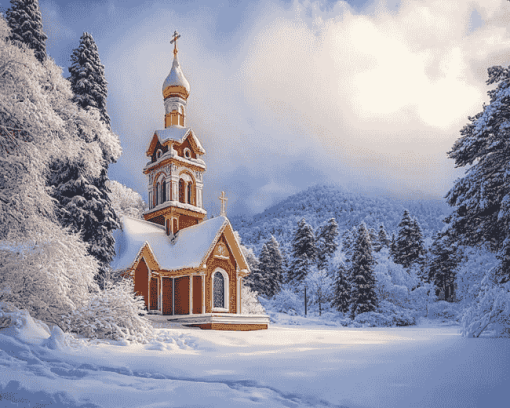 Snowy Church Landscape Diamond Painting