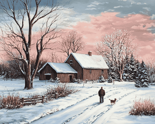 Snowy Farm Landscape Diamond Painting