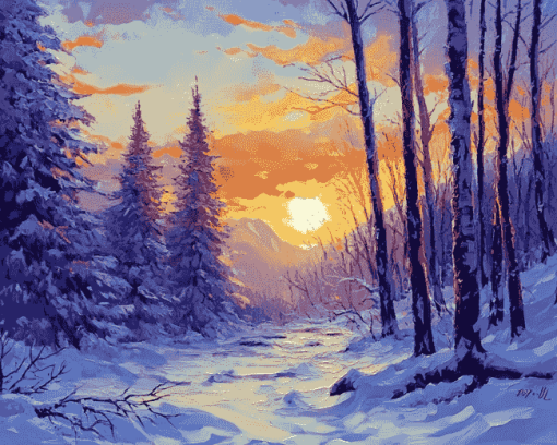 Snowy Forest Sunset Diamond Painting