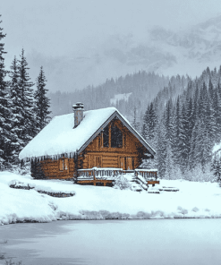 Snowy Winter Cabin Diamond Painting