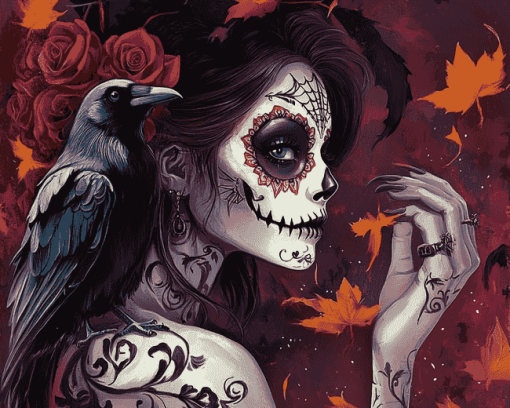 Sugar Skull Girl and Crow Diamond Painting