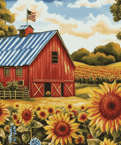 Sunflower and Barn Landscape Diamond Painting