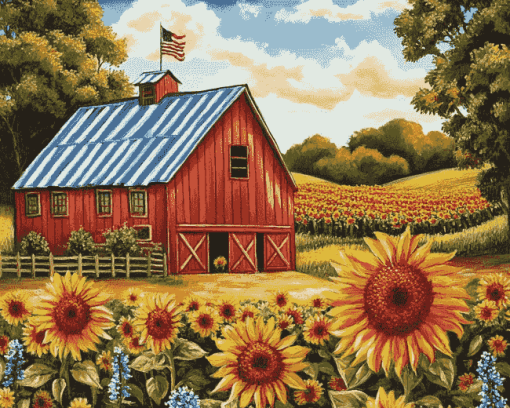 Sunflower and Barn Landscape Diamond Painting