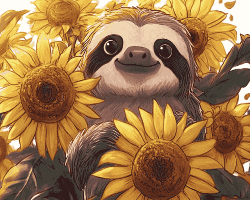 Sunflowers and Sloths Cartoon Diamond Painting